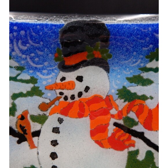 Peggy Karr Fused Glass Snowman Platter Tray Plate Square 9 In Bunny Deer Winter - Picture 2 of 8